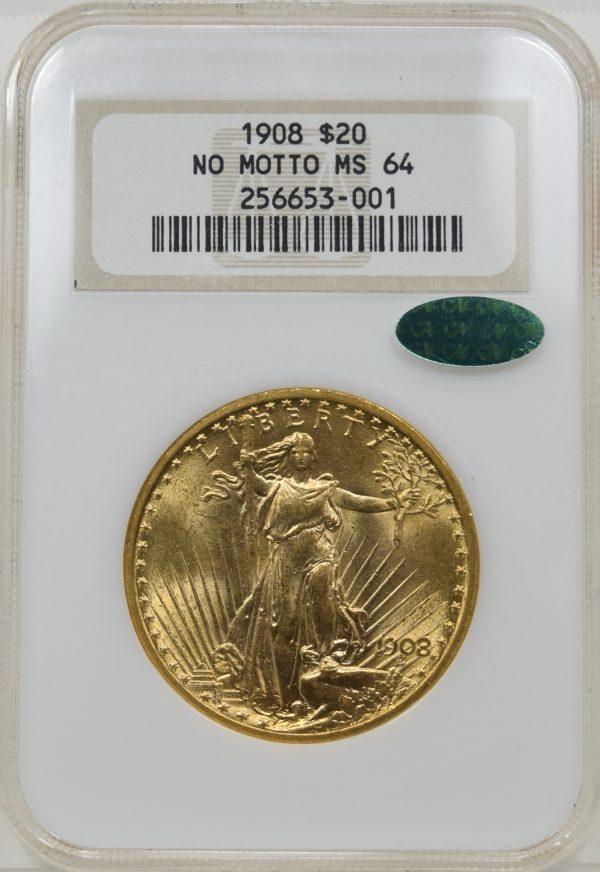 1908 NGC MS64 NO MOTTO CAC SAINT GAUDENS